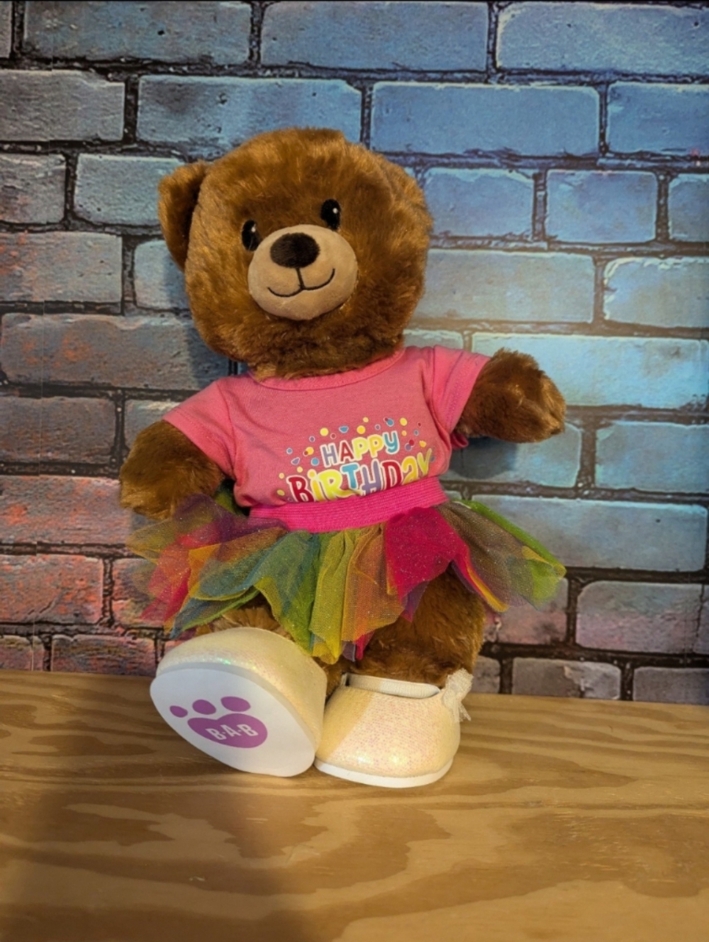 Build A Bear Happy Birthday Bear With Rainbow Tutu and White Sequin Shoes